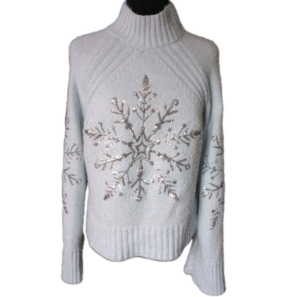 Cupcakes & Cashmere, Anthropology Women's M Blue Silver Sequin Snowflake Sweater